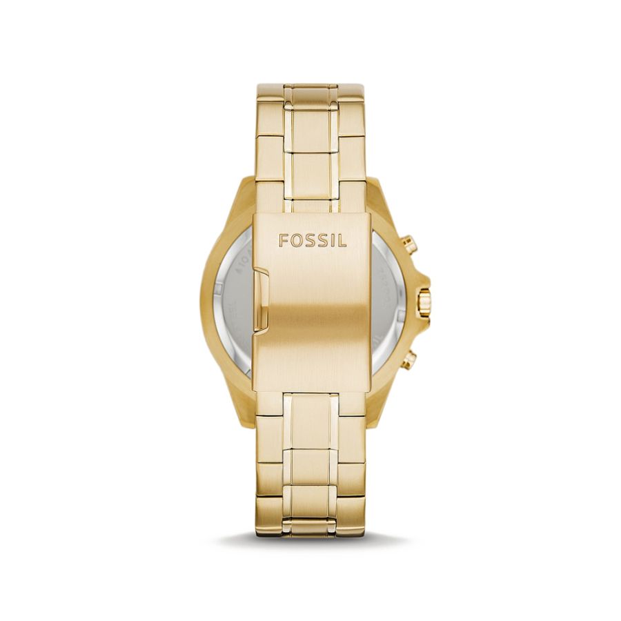 Fossil Garrett watch caseback and gold-tone stainless steel bracelet, rear view