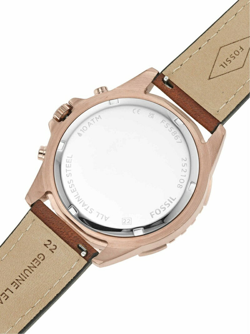 Fossil Garrett FS5867 caseback showing clear exhibition back with Fossil branding