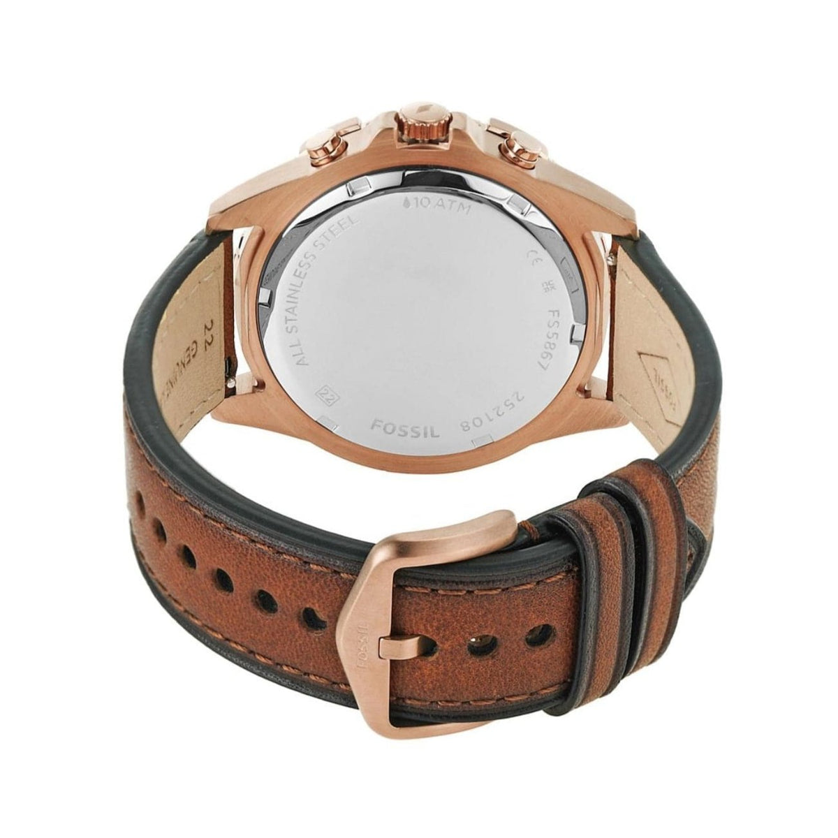 Fossil Garrett FS5867 chronograph watch on wrist showing brown leather strap and case