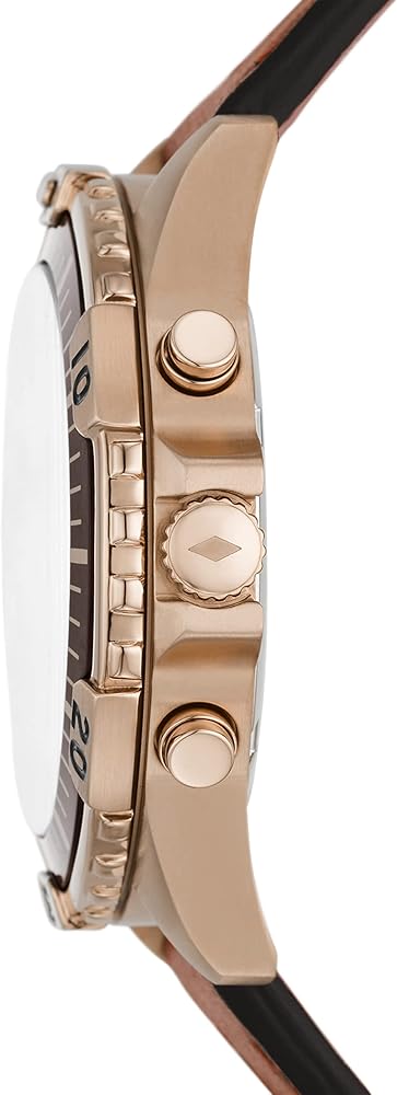 Fossil Garrett FS5867 side view showing rose gold case, chronograph pushers, and brown strap