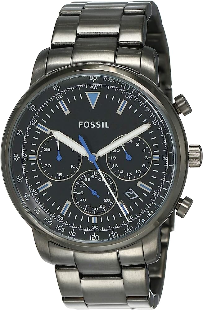 Fossil Goodwin chronograph with smoke stainless steel case, black dial, blue hands and subdials