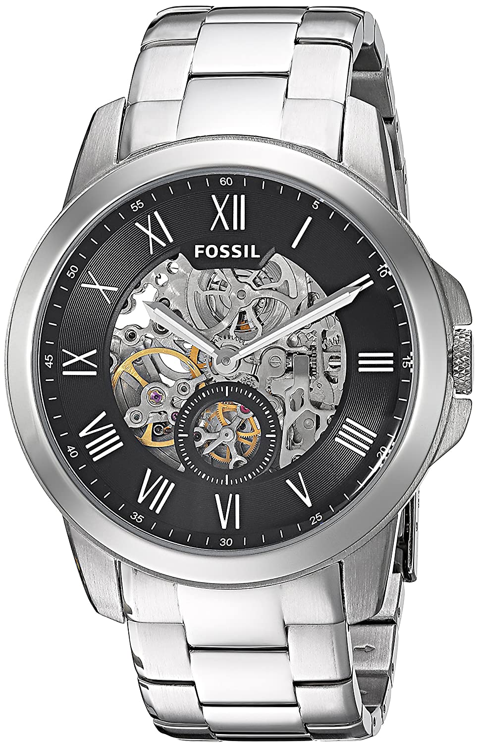 Fossil Grant automatic watch with black skeleton dial and stainless steel bracelet