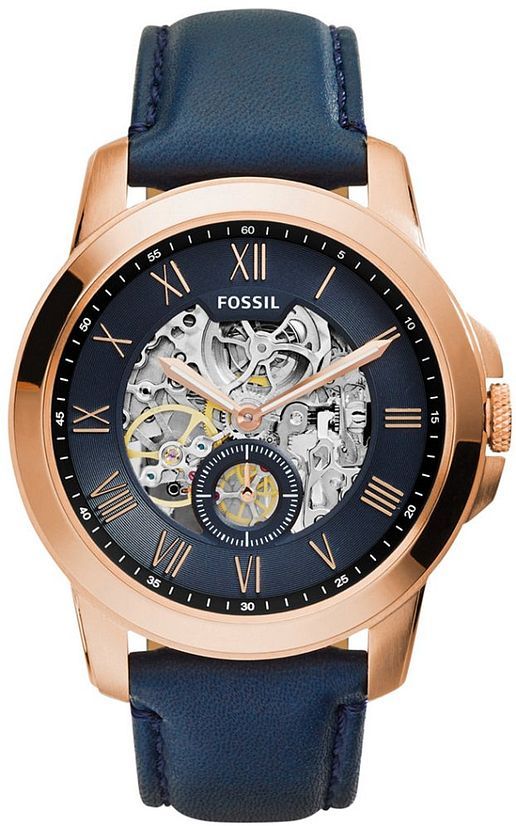 Fossil Grant automatic men's watch with rose gold case, blue skeletal dial, and blue leather strap