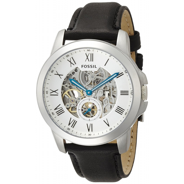 Fossil Grant automatic skeleton dial men's watch with white dial, Roman numerals, and black leather strap