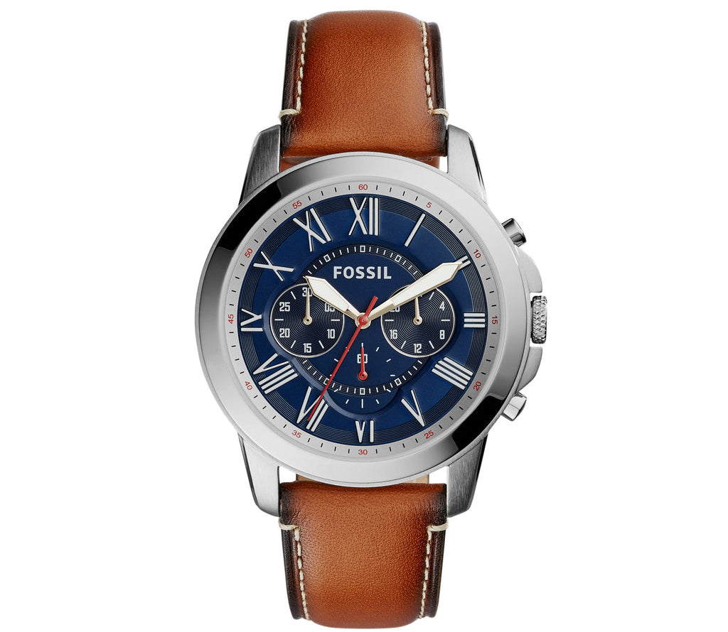 Fossil Grant FS5210 chronograph watch with navy blue dial, silver case, and brown leather strap
