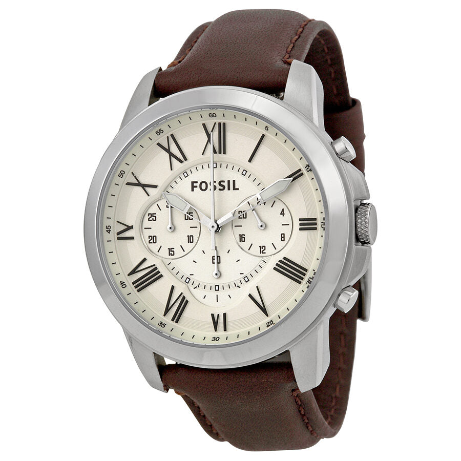 Fossil Grant chronograph men's watch with silver-tone case, cream dial, and brown leather strap