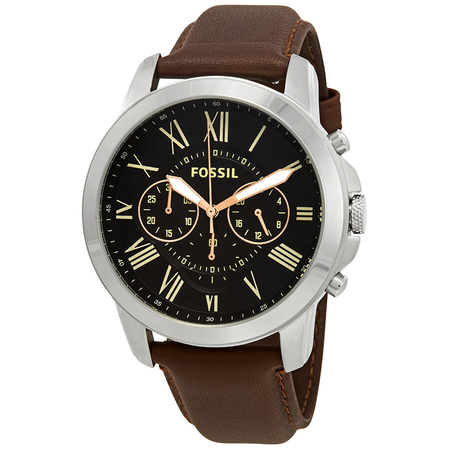 Fossil Grant chronograph watch with black dial, Roman numerals, and brown leather strap