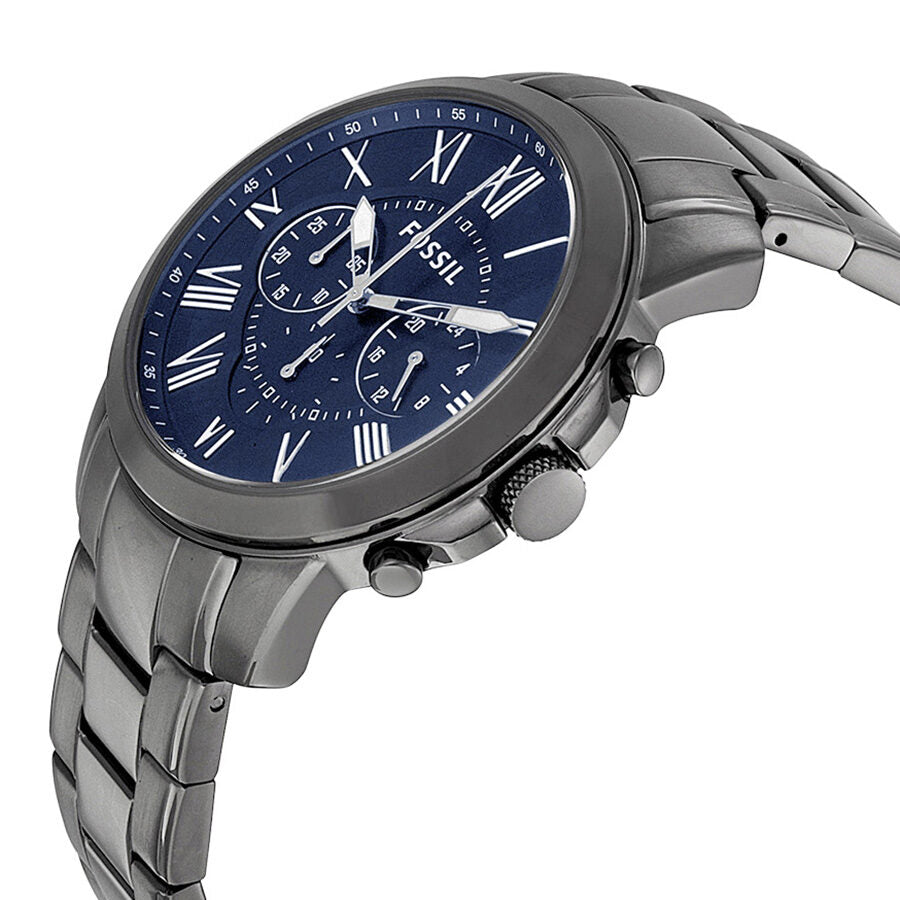 Fossil Grant chronograph watch at angle showing smoke ion-plated steel case and bracelet