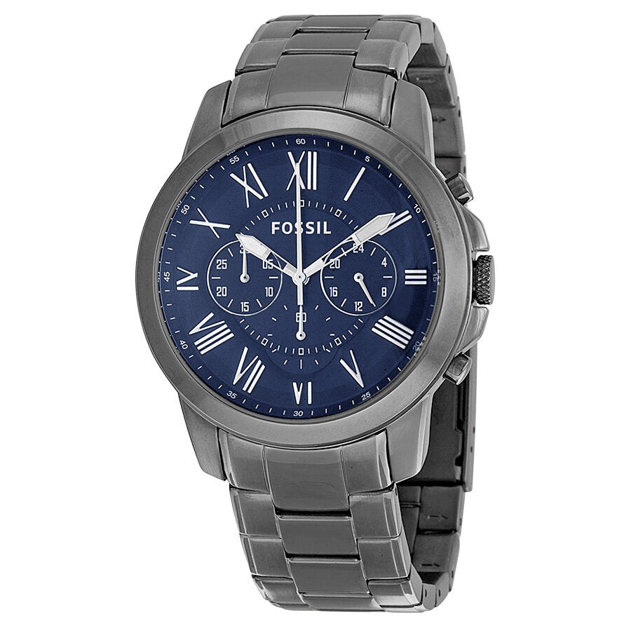 Fossil Grant chronograph watch with dark blue dial and Roman numeral hour markers