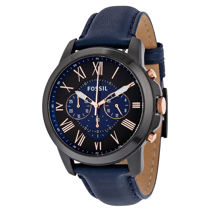 Fossil Grant chronograph watch with black case, blue dial, Roman numerals, and navy leather strap