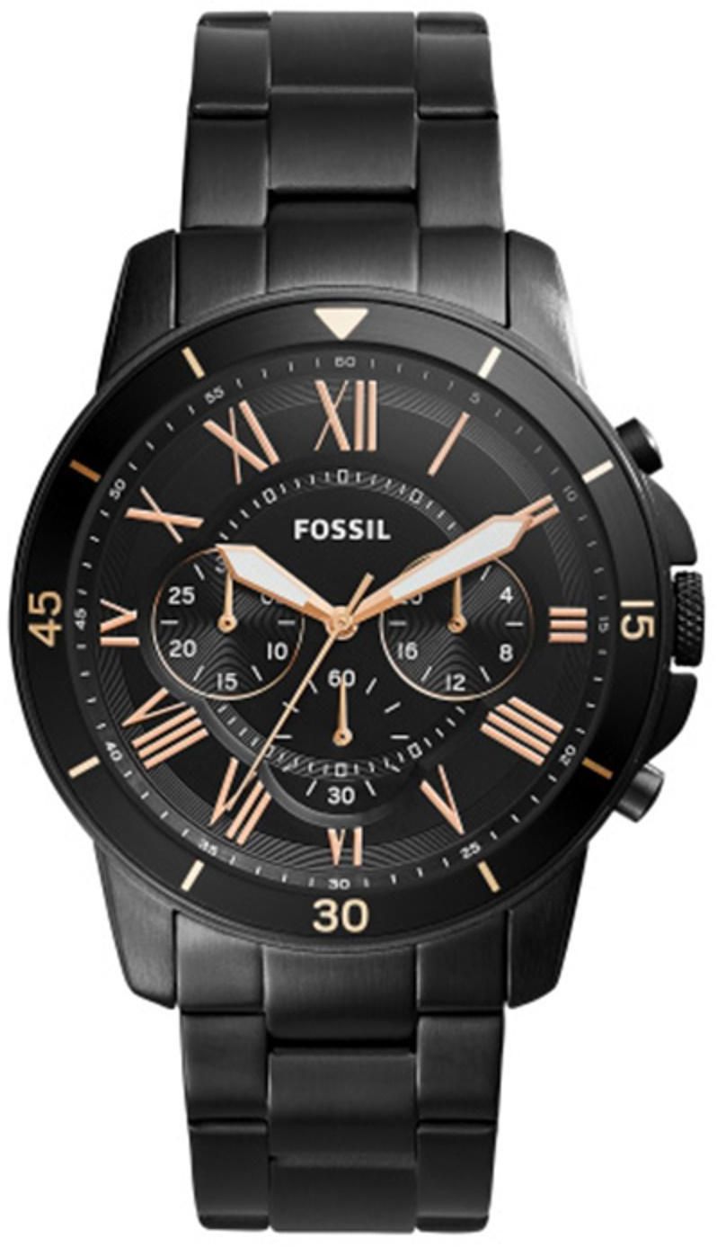 Fossil Grant black stainless steel chronograph watch with Roman numeral dial and rose gold accents