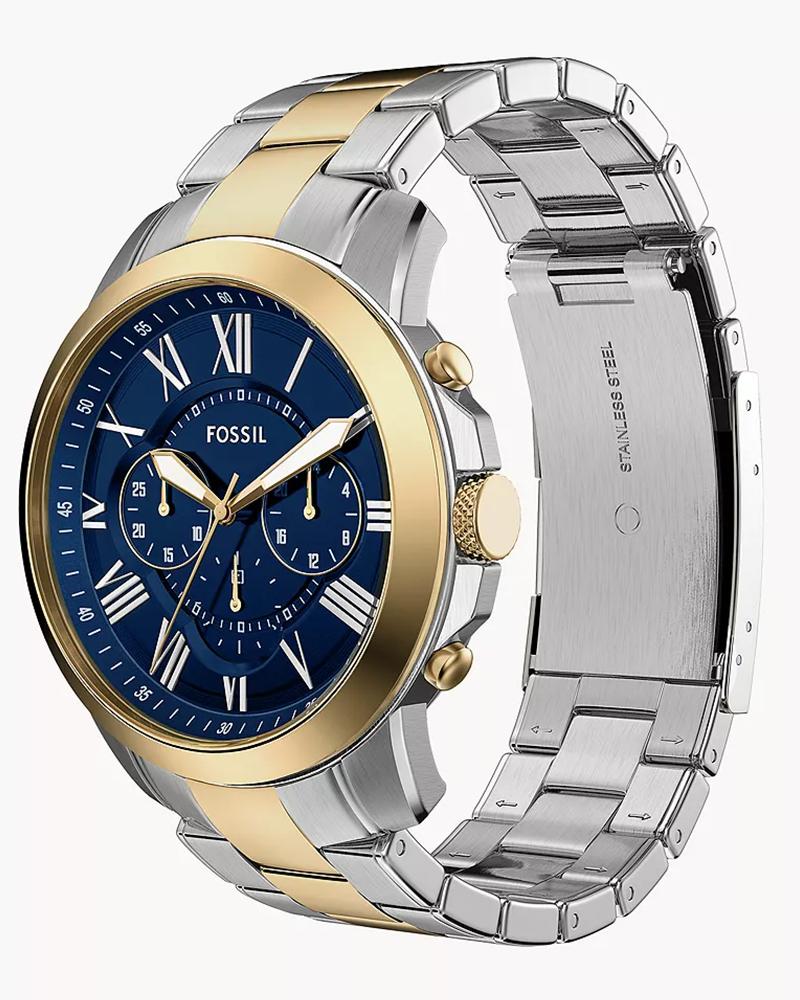 Fossil Grant two-tone chronograph with gold bezel and silver stainless steel strap detail