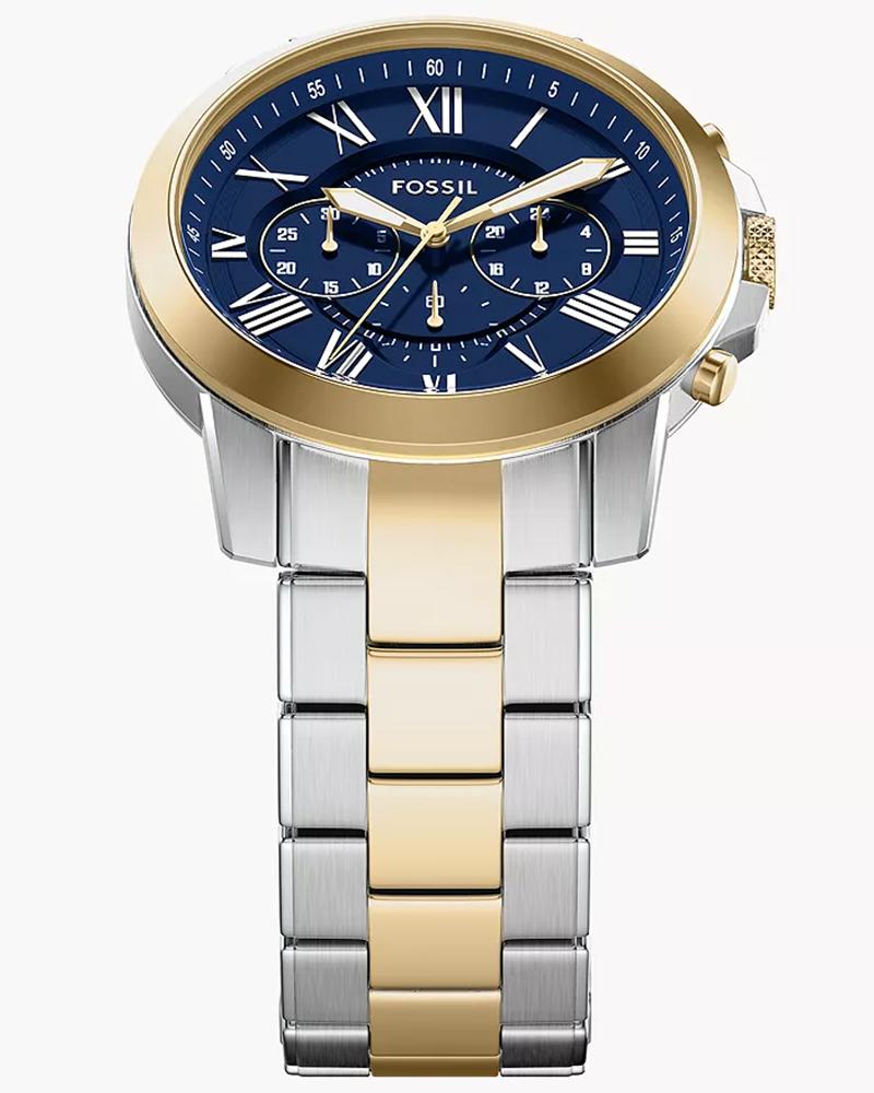 Fossil Grant two-tone chronograph, blue dial with Roman numerals, gold bezel, full view