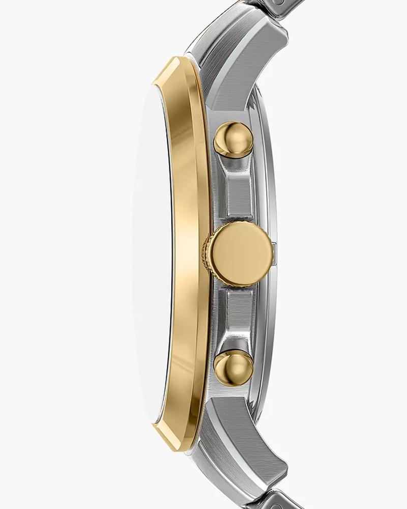 Fossil Grant chronograph side profile showing two-tone case and crown pusher details
