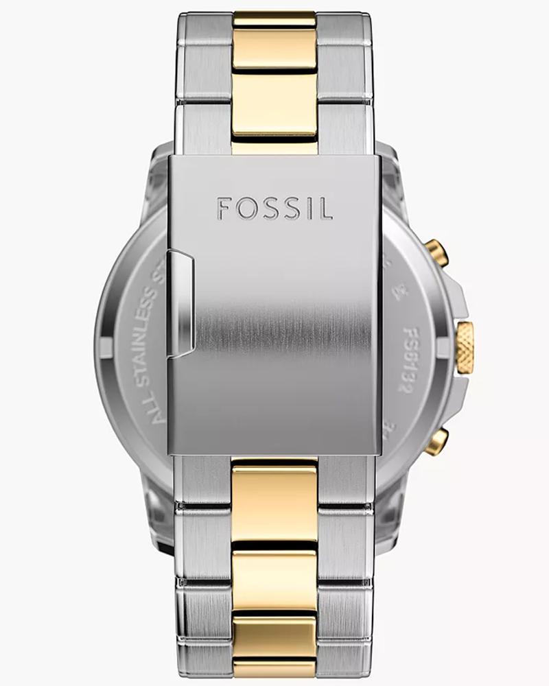 Fossil Grant caseback and strap view with two-tone stainless steel link bracelet