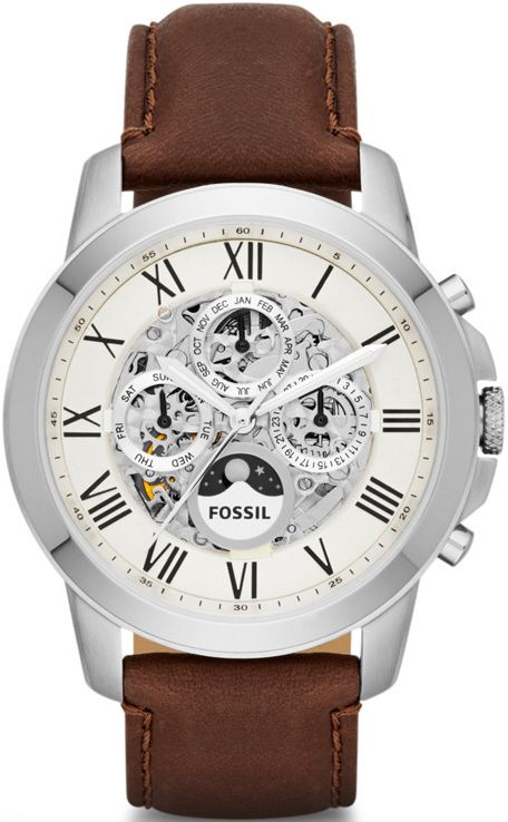 Fossil Grant automatic watch with white skeleton dial, Roman numeral indices, stainless steel case and brown leather strap