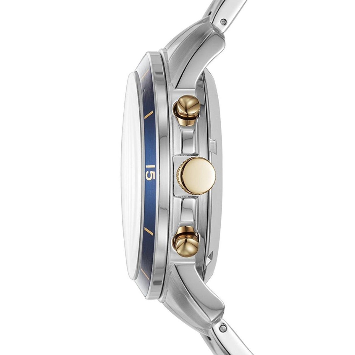 Fossil Grant watch side profile showing pushers, crown, and two-tone stainless steel case
