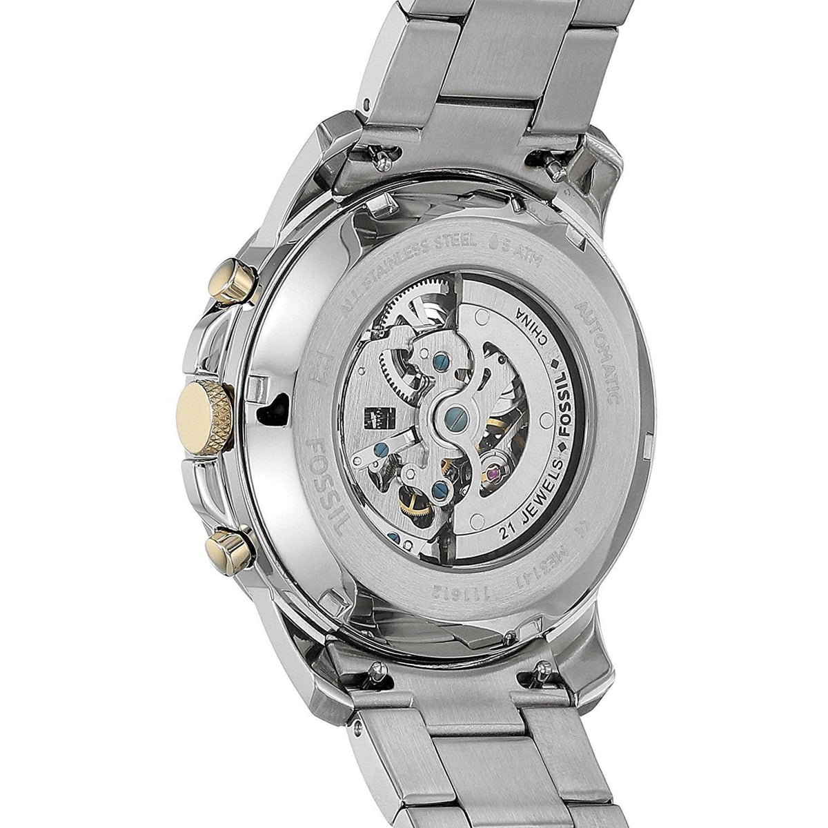 Fossil Grant watch caseback showing automatic skeleton movement and sapphire crystal