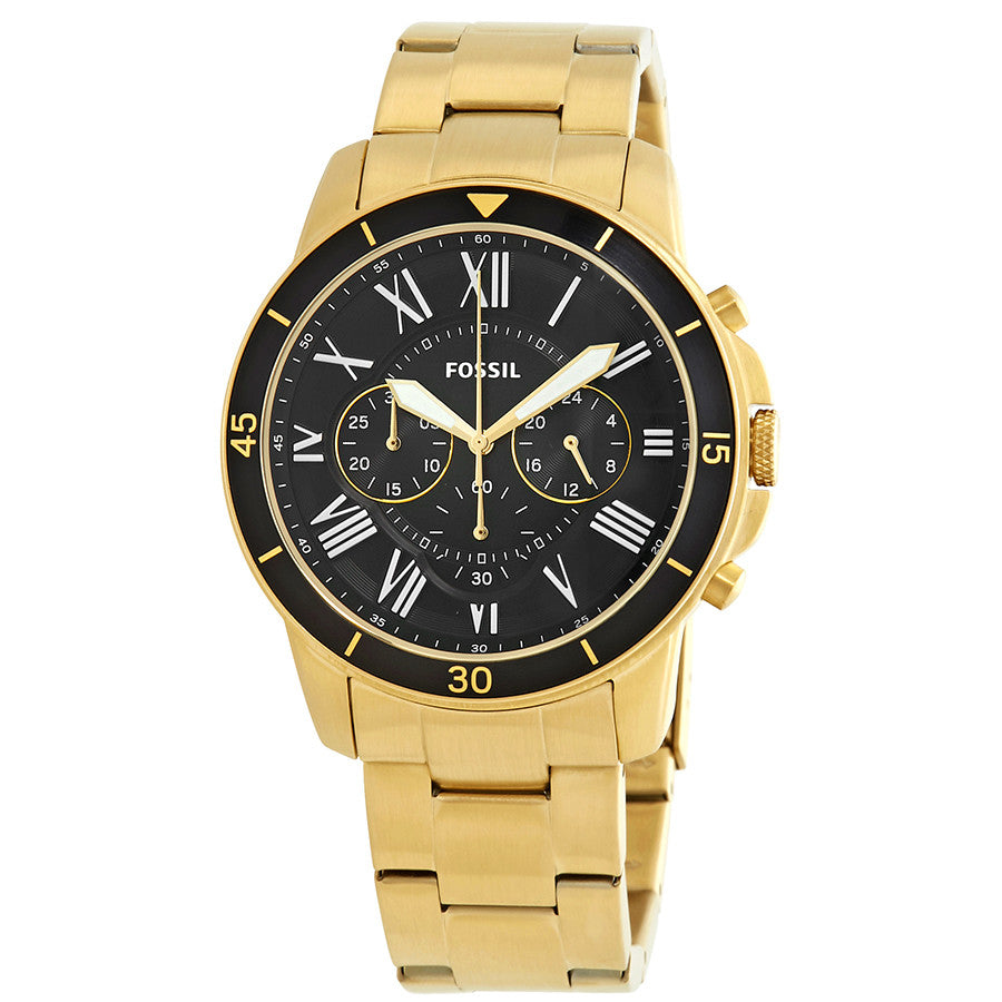 Fossil Grant Sport chronograph watch with black dial, Roman numerals, gold-tone case and bracelet
