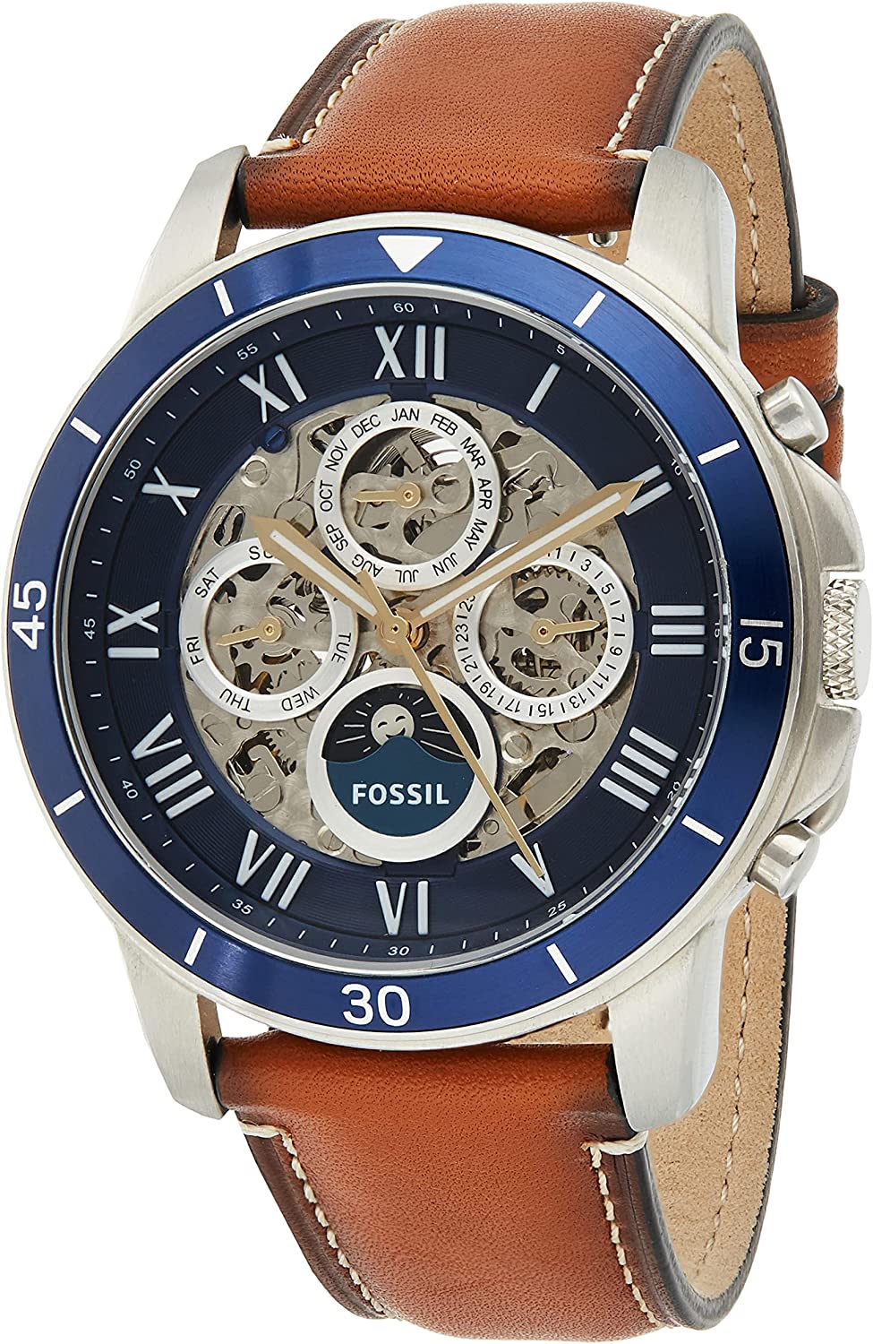 Fossil Grant Sport automatic mechanical watch with skeleton dial, blue bezel, and tan leather strap
