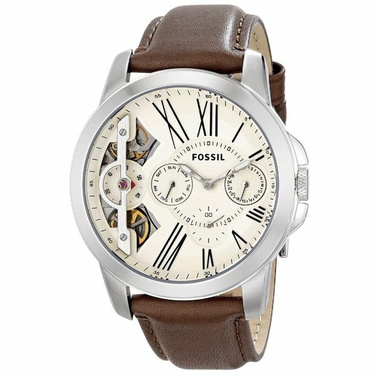 Fossil Grant Twist men's watch with beige dial, Roman numerals, skeleton window, and brown leather strap