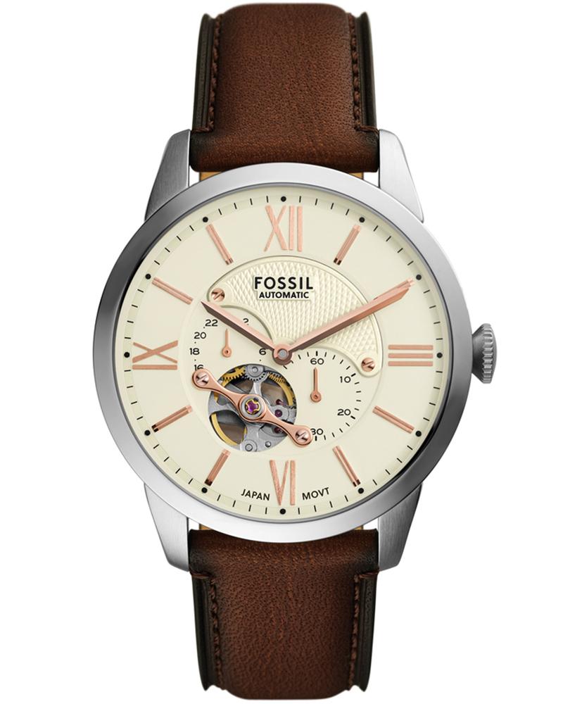 Fossil Inscription Automatic men's watch with cream dial, Roman numerals, and brown leather strap