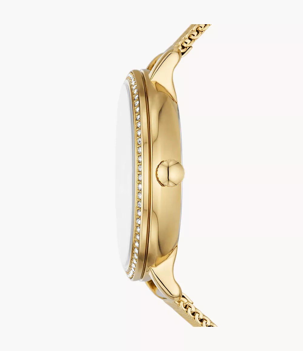 Fossil Jacqueline Dragonsteel watch side view showing crystal-set bezel and gold case