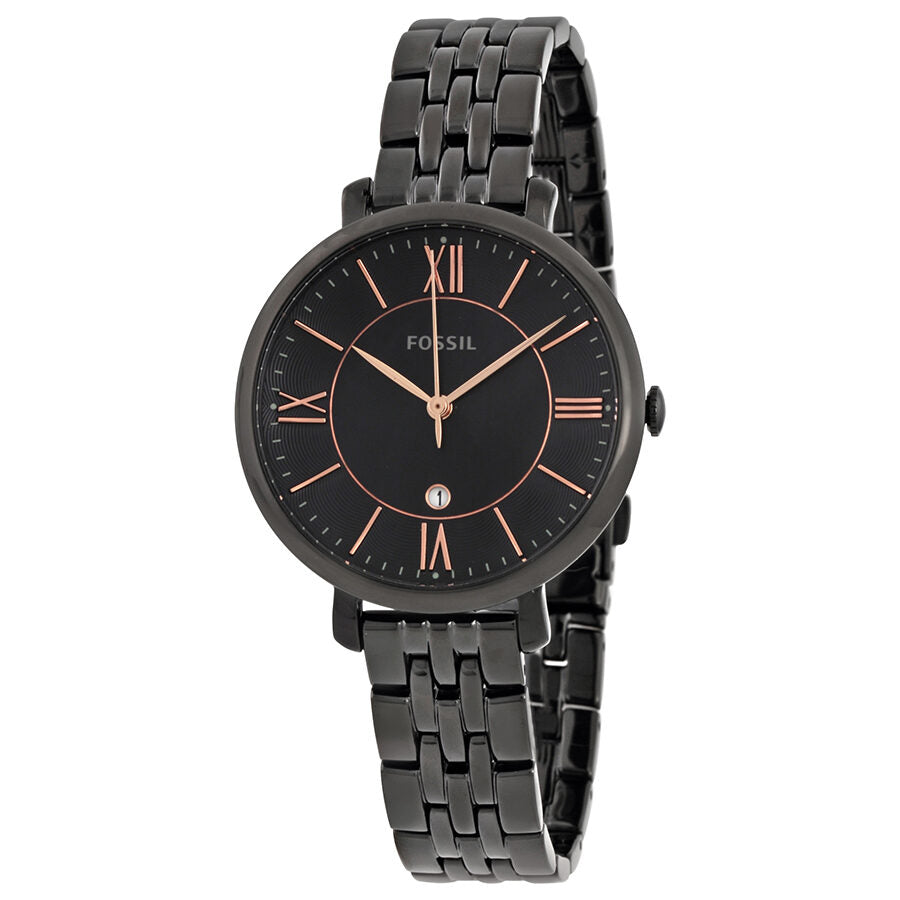 Fossil Jacqueline black dial watch with rose gold roman numerals and black ion-plated bracelet