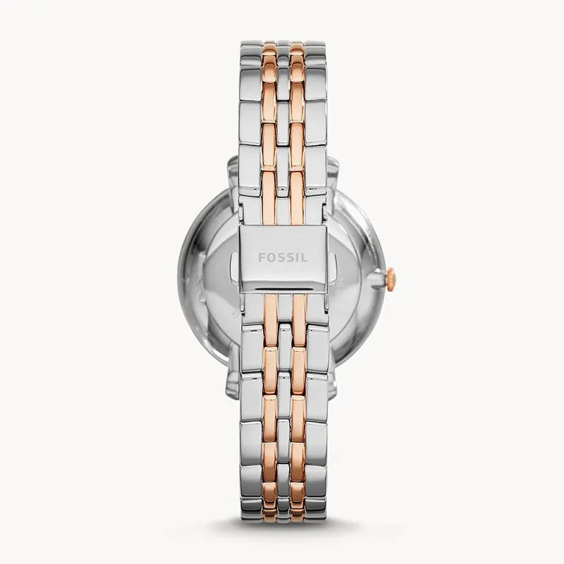 Fossil Jacqueline watch caseback view with two-tone stainless steel bracelet