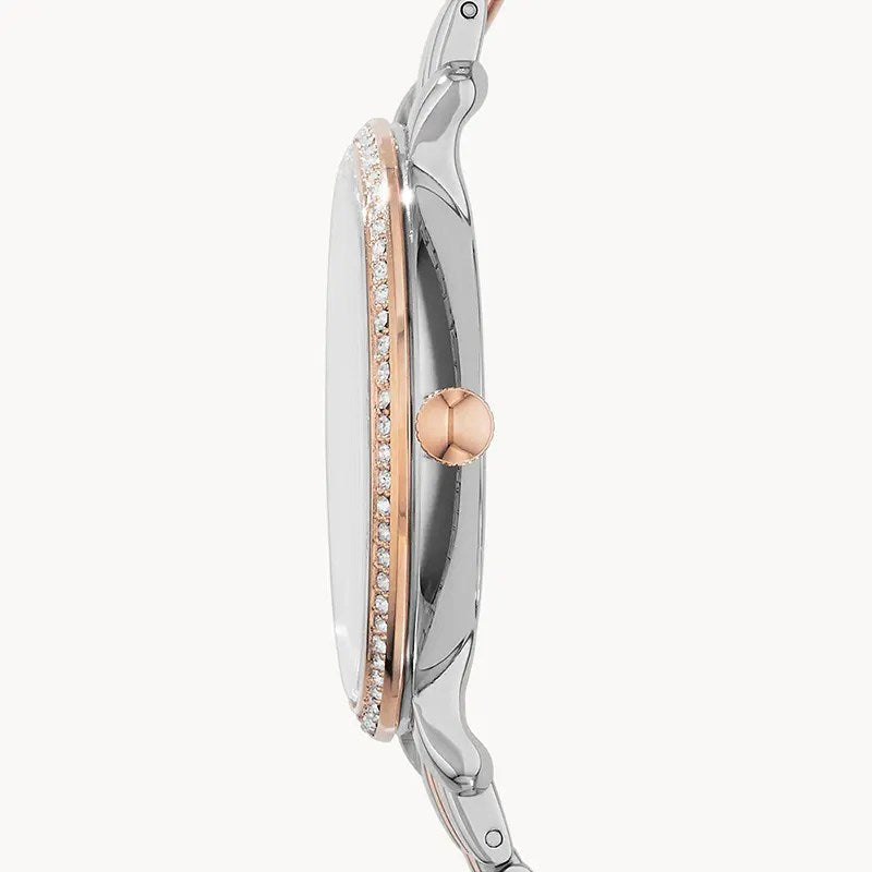 Fossil Jacqueline watch side view showing two-tone stainless steel case profile