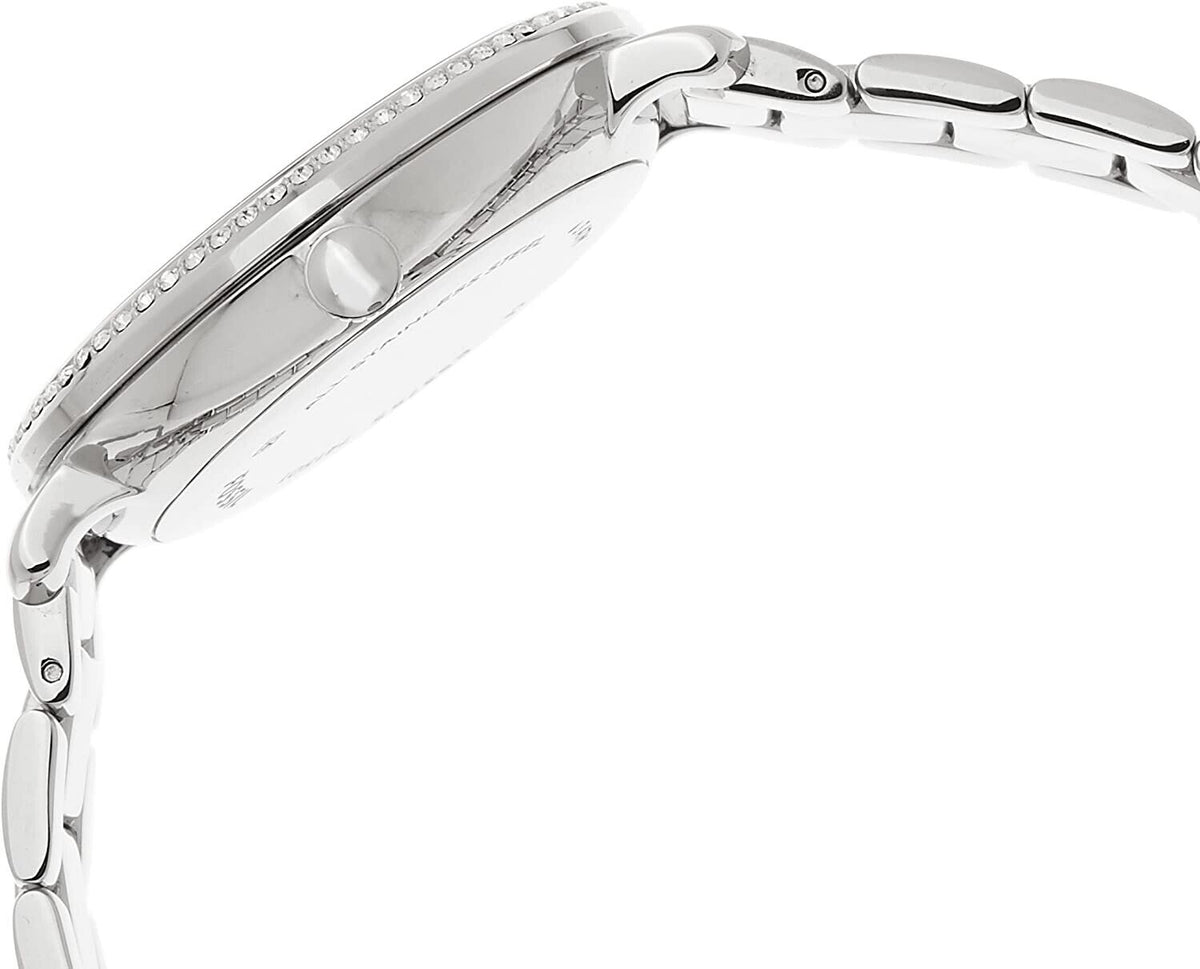 Side profile view of Fossil Jacqueline watch showing case thickness and stainless steel bracelet