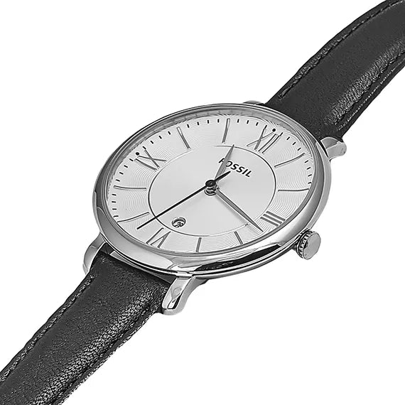 Fossil Jacqueline watch worn on wrist with black leather strap