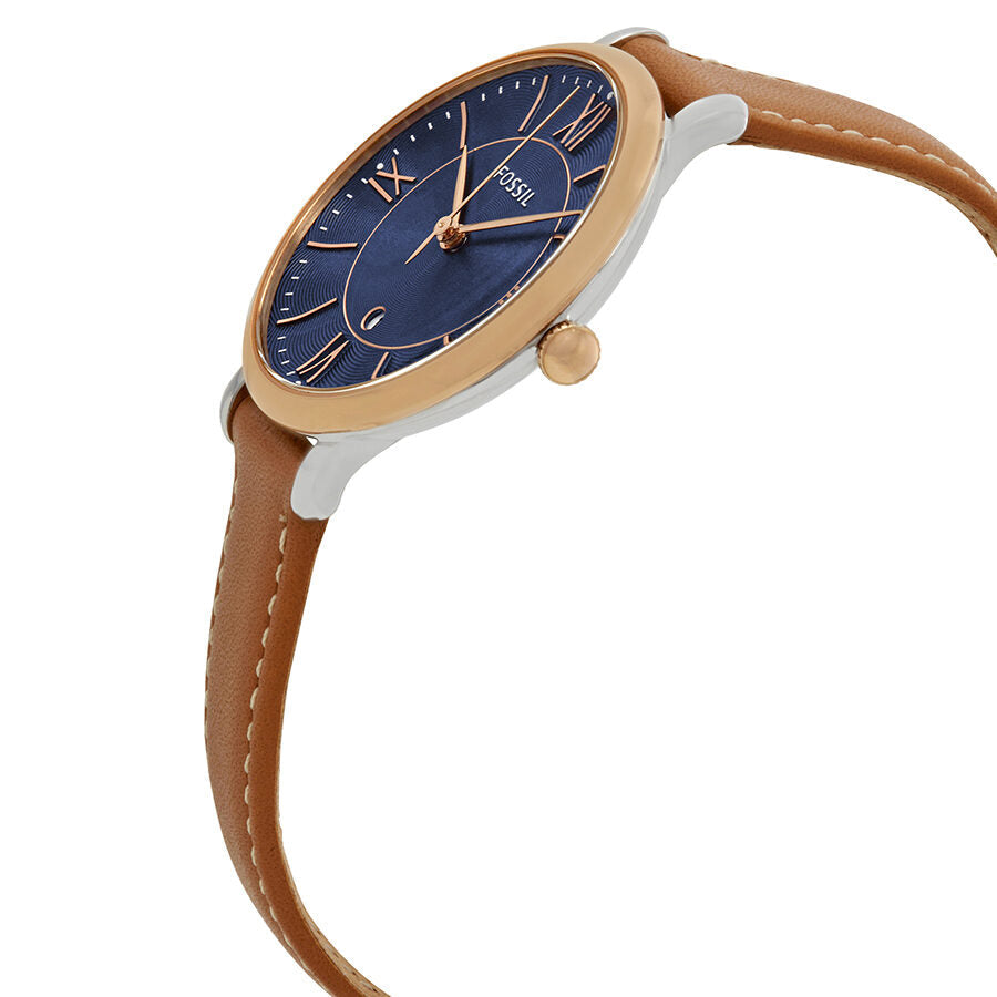 Side angle view of Fossil Jacqueline watch showing blue dial with Roman numerals and tan leather strap