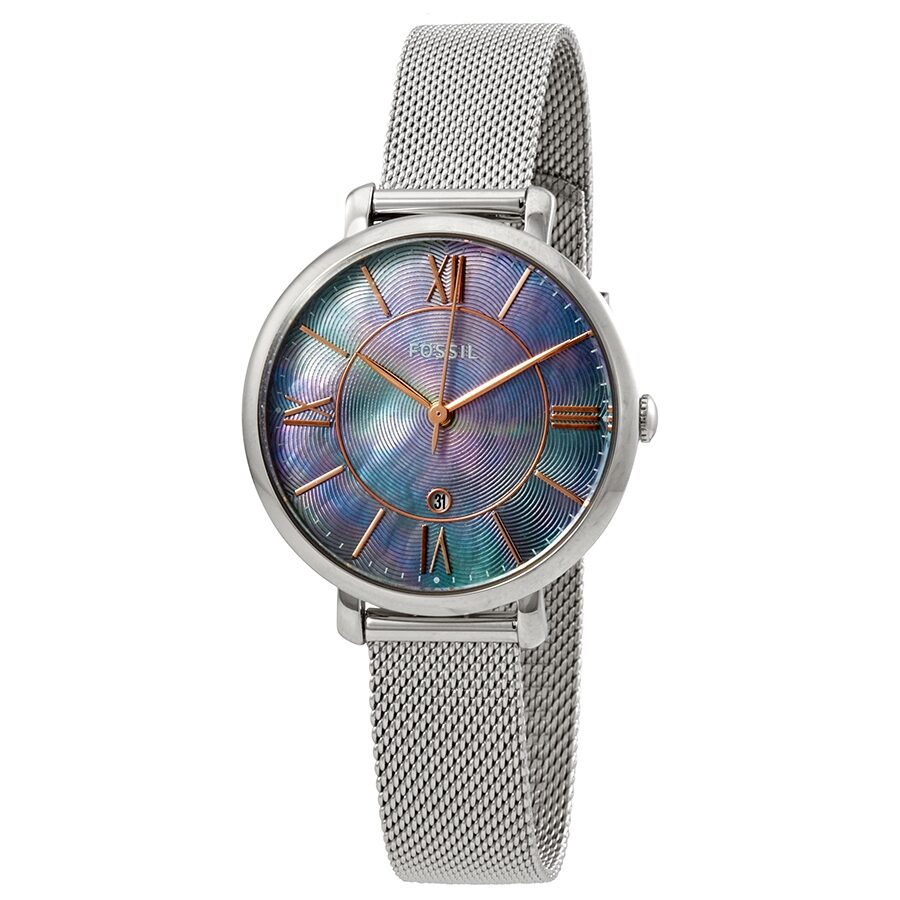 Fossil Jacqueline women's watch with blue mother of pearl dial and rose gold accents on stainless steel mesh band