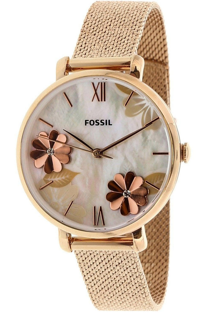Fossil Jacqueline ladies watch with mother of pearl dial, rose gold case, floral design, and mesh strap