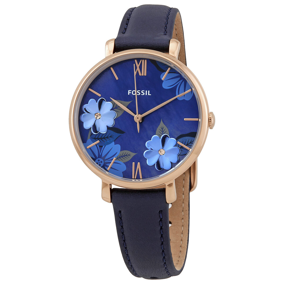 Fossil Jacqueline women's watch with blue floral dial, rose gold case, and navy leather strap