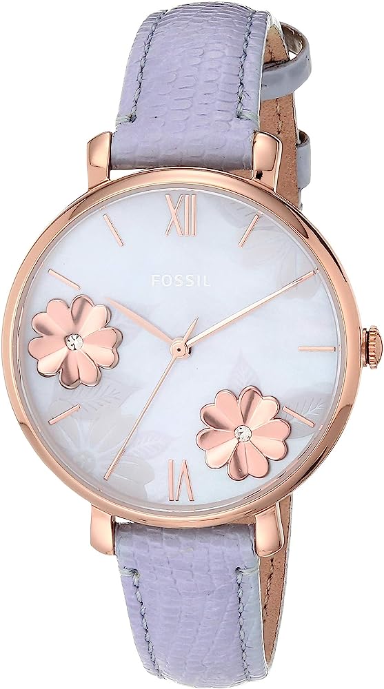 Fossil Jacqueline women's watch with rose gold case, lavender leather strap, and silver dial with pink flower accents