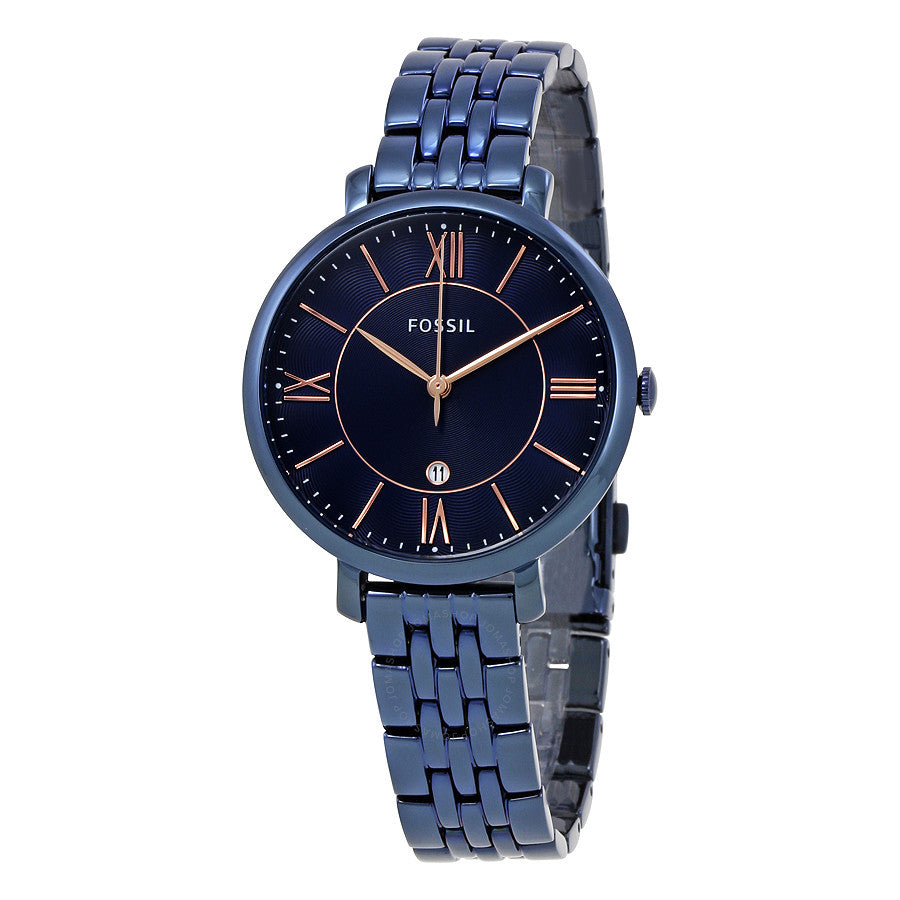 Fossil Jacqueline navy blue ladies watch with Roman numeral dial and date window