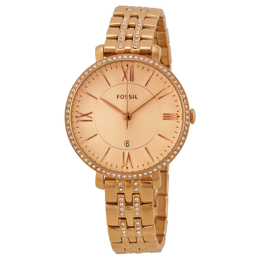 Fossil Jacqueline rose gold ladies watch with diamond bezel and Roman numeral dial