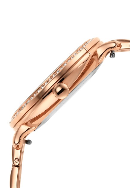 Fossil Jacqueline rose gold watch side view showing case profile and strap