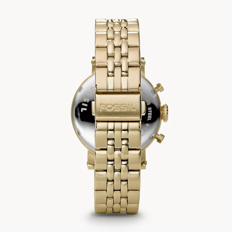 Caseback view of Fossil Jaqueline gold-tone watch with engraved bracelet