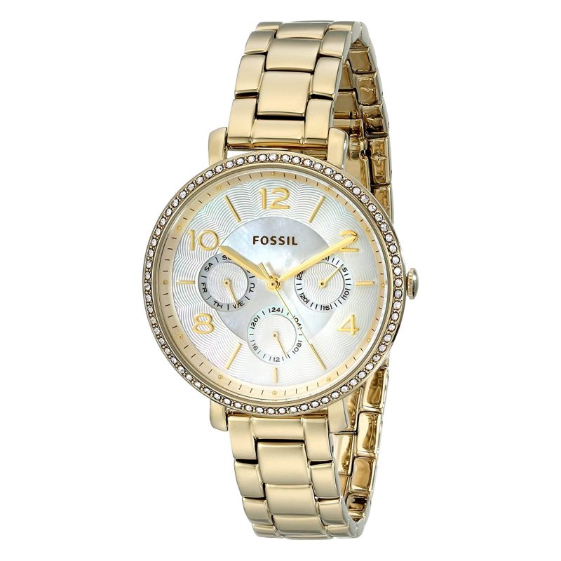Fossil Jaqueline gold-tone stainless steel women's watch with crystal bezel and white dial