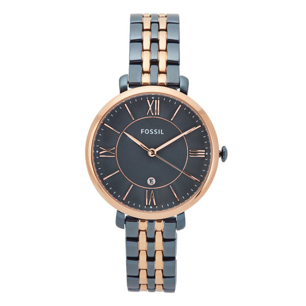 Fossil Jaqueline two-tone women's watch with rose gold case and gunmetal bracelet, black dial with Roman numerals