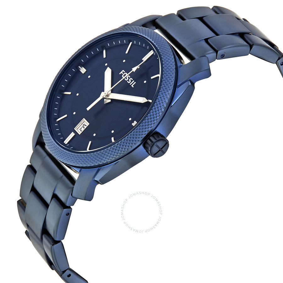 Fossil Machine FS5231 blue watch at angle showing textured bezel and bracelet