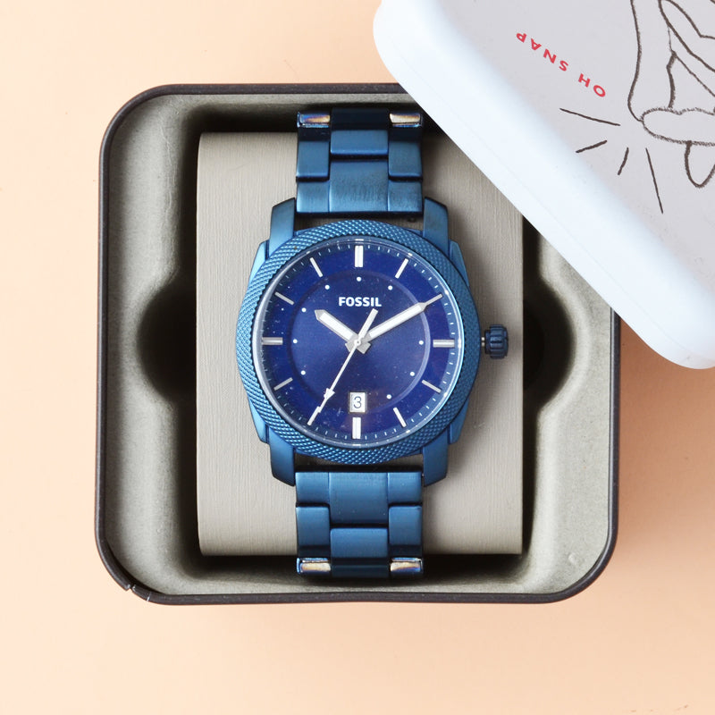 Fossil Machine FS5231 blue watch in branded presentation box with Fossil pouch