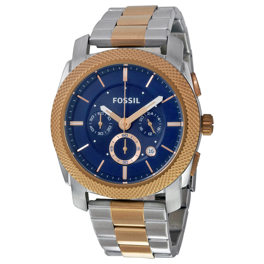 Fossil Machine chronograph watch with blue dial, two-tone silver and rose gold case, textured bezel, and three subdials