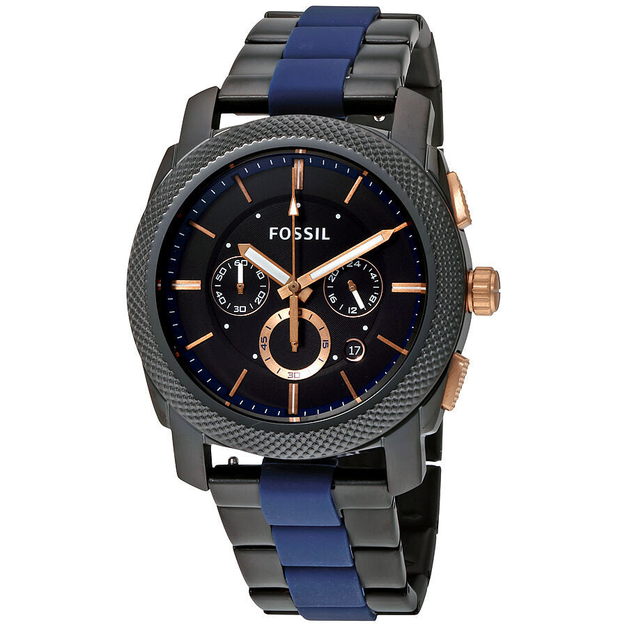 Fossil Machine chronograph men's watch with black dial, three subdials, rose gold accents, and blue/gunmetal two-tone steel bracelet