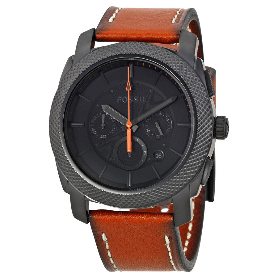 Fossil Machine chronograph men's watch with black dial, textured gray case, and brown leather strap