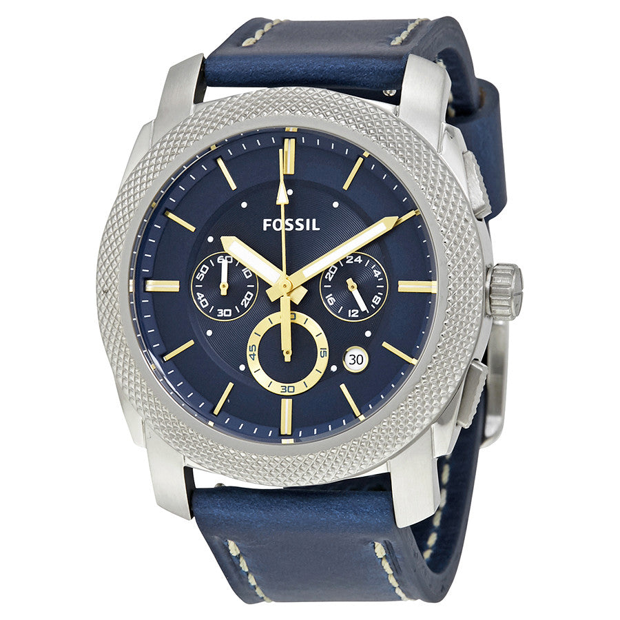 Fossil Machine chronograph watch with blue dial, silver case, yellow accents, and navy leather strap