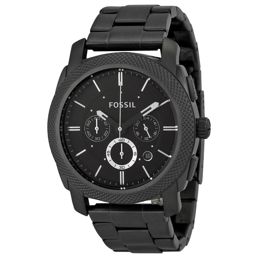 Fossil Machine chronograph watch with black dial, three subdials, textured black case, and black stainless steel bracelet